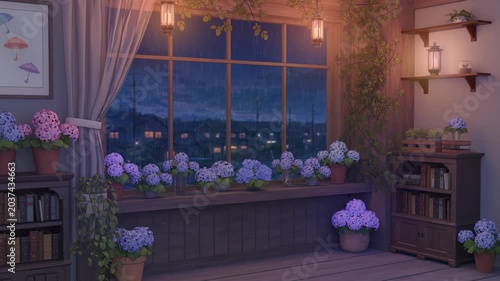 Hydrangea Room in the Rain – Nighttime Anime-Style Looping Background Video 4K