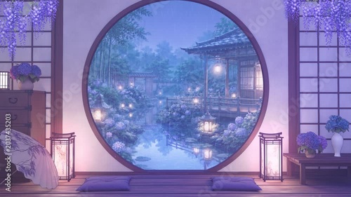 Rainy Japanese Garden Seen Through Round Window – Daytime Anime-Style Looping Background Video 4K
