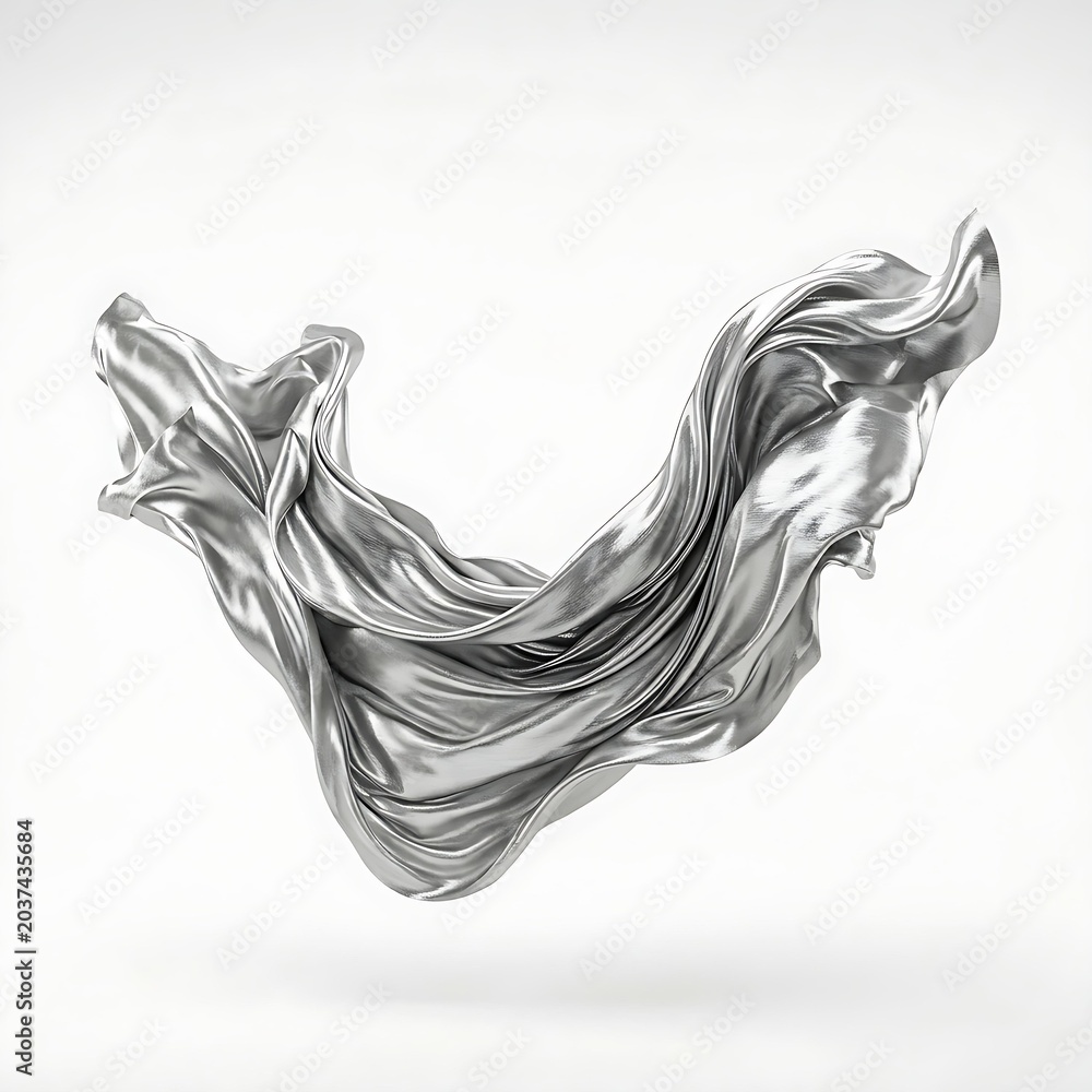Fototapeta premium Folded silver metallic fabric floating like liquid in white space, soft shadows, luxury fashion visual 