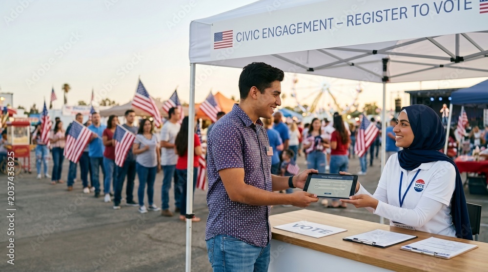 Obraz premium Civic engagement and voter registration drive, diverse community members participating in a political event, patriotic American flags, democratic process, election awareness campaign.