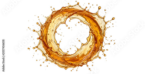 Dynamic golden liquid splash forming a circular vortex with droplets, representing energy and movement in a pristine white background