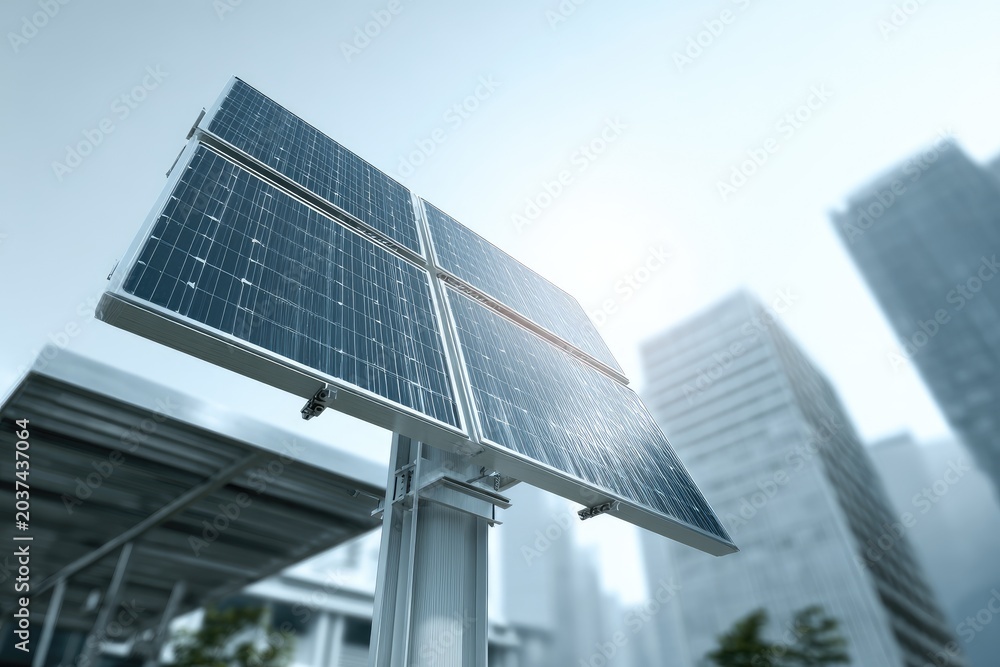 Fototapeta premium Solar panels arrayed on poles in urban setting, catching sunlight