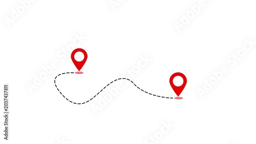 Two red location pin icon animations connected by dotted path on white background and green screen. 4K animated for business video, motion graphics, map visuals, navigation, and presentations.