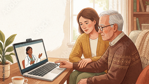 Elderly man receiving online telemedicine consultation from virtual doctor on laptop with help from adult daughter or caregiver
