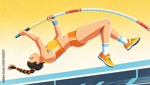 female pole vault athlete during swing up jump mid air high over stadium
