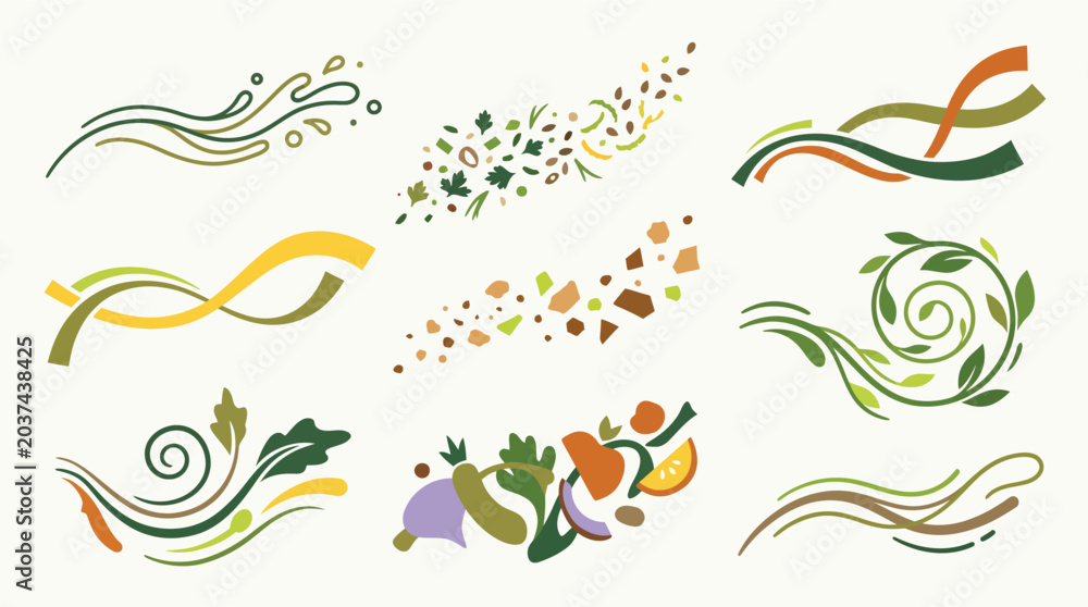Fototapeta premium Food motion elements featuring abstract vegetable swirls and herb splashes for healthy recipe designs