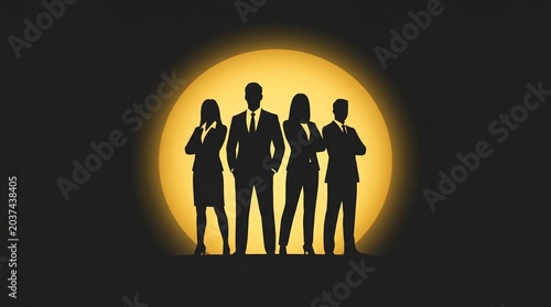 Graphic icon of business leadership professional silhouettes standing in front of a gold glowing circle
