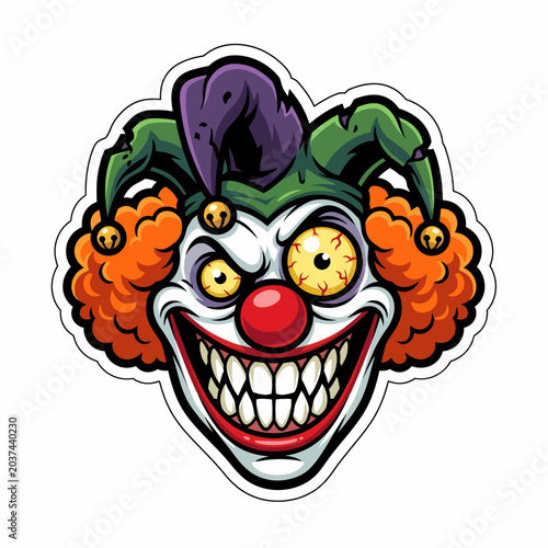 Fotografi Scary Clown Face Sticker - Evil Jester with Wide Grin and Crazy Eyes