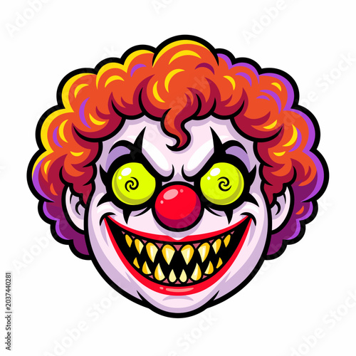 фотографія Scary Clown Face with Swirling Eyes, Fangs, and Red Nose - Horror Concept
