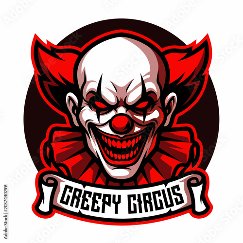 Tableau sur toile Scary Evil Clown Face with Red Eyes and Grin, Creepy Circus Logo