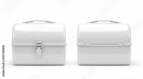 Isolated empty plastic lunch box mockups with metal handle and latch showing front and back view for product branding