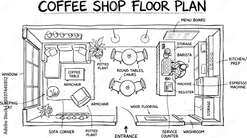 Naklejka premium Coffee shop floor plan, restaurant layout, cafe blueprint, interior design