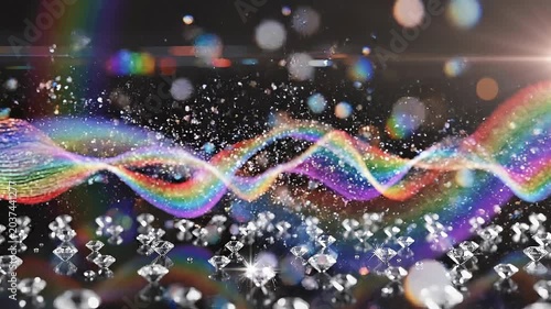 Colorful rainbow wave with sparkling diamonds and light reflections on a dark background
