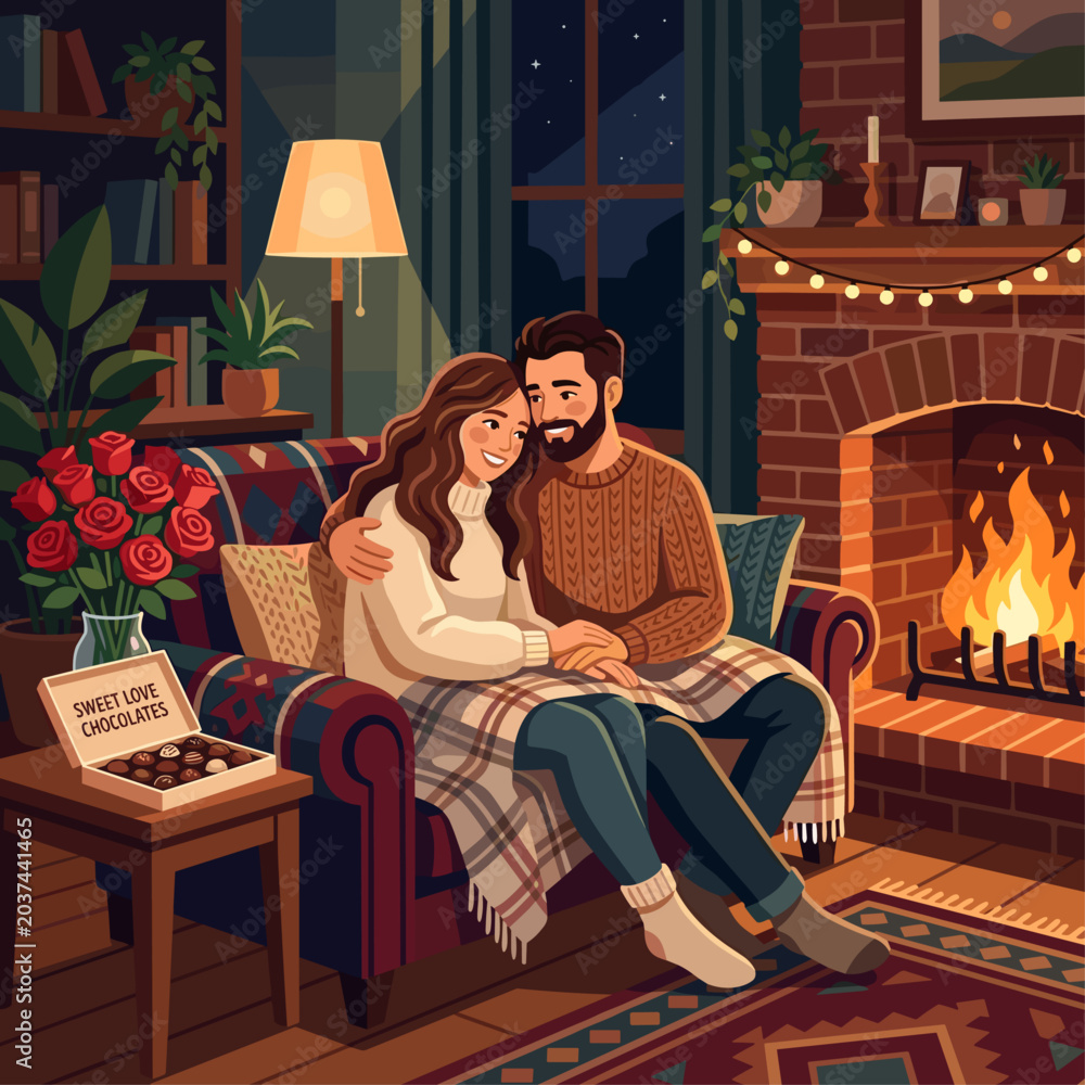 Obraz premium Couple in love sitting on sofa by fireplace at home