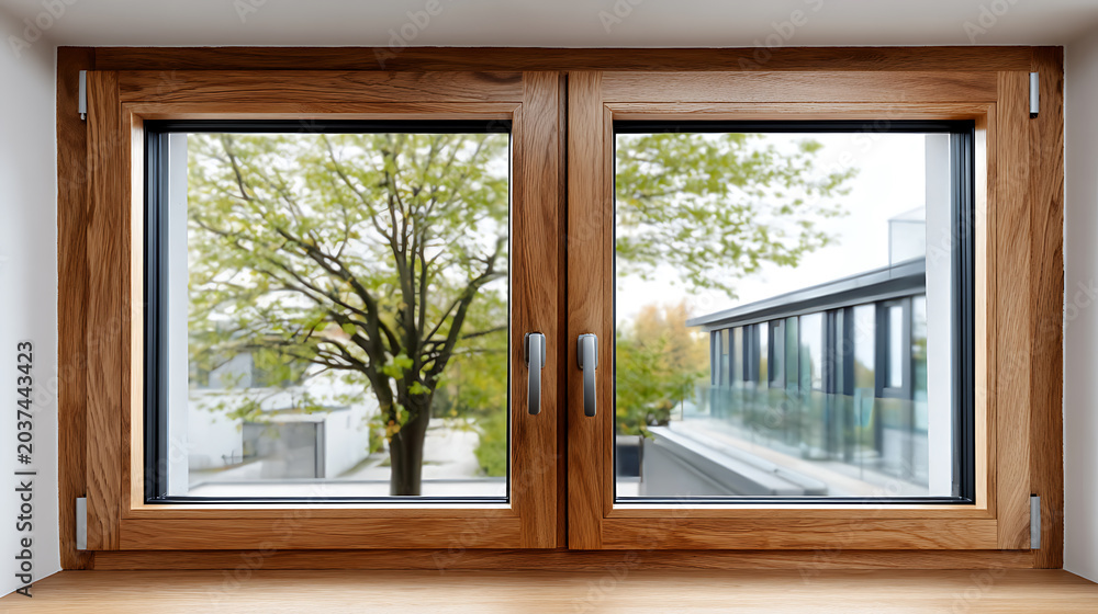 Fototapeta premium Modern wooden window frame with a neutral view of natural outdoor green trees and contemporary building architecture, focus on natural light