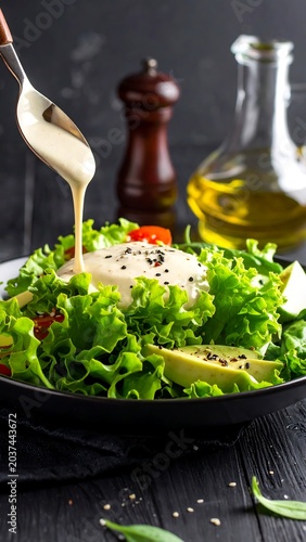 A salad with dressing being poured