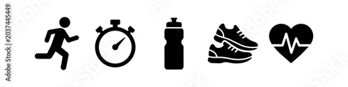 Foto Set of black fitness and running icons featuring a runner, stopwatch, water bottle, sneakers, and heartbeat pulse