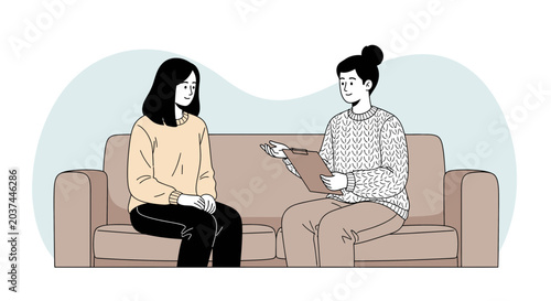 Therapy Session: Woman Confiding in Therapist on Sofa Illustration