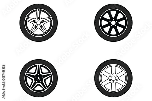 Canvastavla Set of black car wheel tires with alloy rims vector flat illustration icons isol