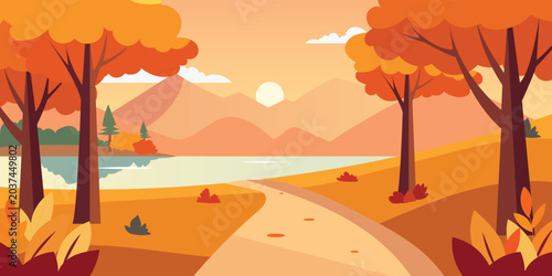 Foto autumn landscape flat design with mountain and sunset