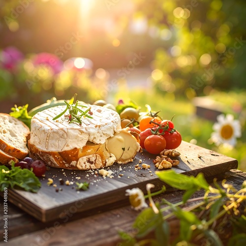 A rustic cheese board with fresh herbs and vegetables outdoors
