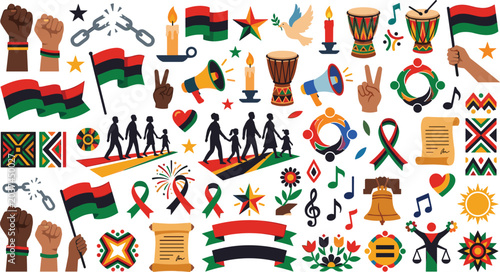 Photos Juneteenth and Black History Month flat vector set featuring Pan-African flags,