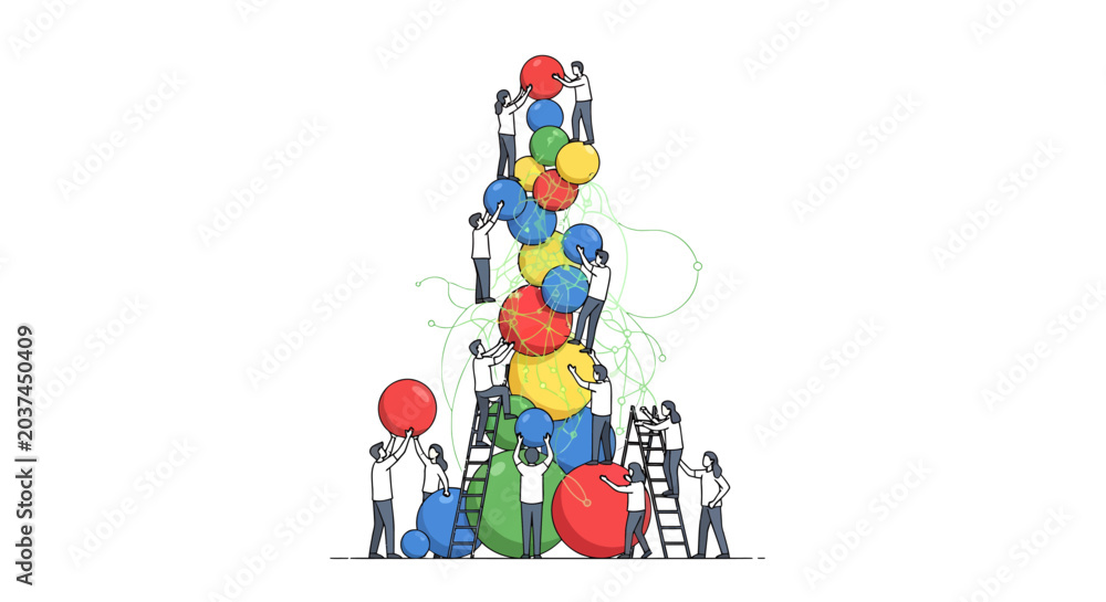 Fototapeta premium Teamwork and Business Collaboration Illustration: Diverse Group of People Building a Tower of Colorful Spheres, Representing Data, Growth, and Success