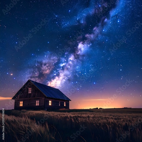 A rustic house under a starry night sky with the Milky Way