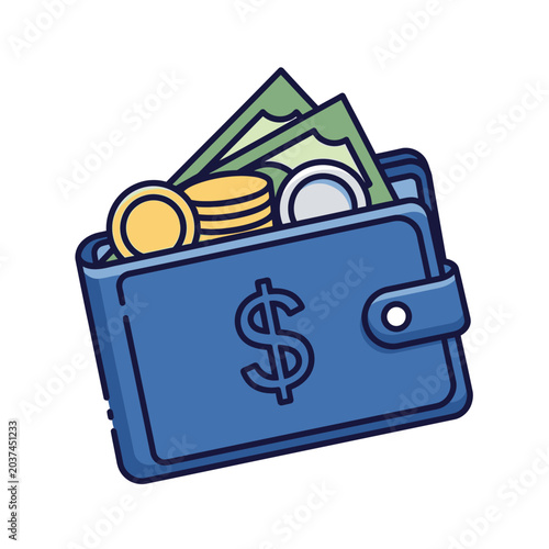 Blue wallet containing dollar bills and coins on white background