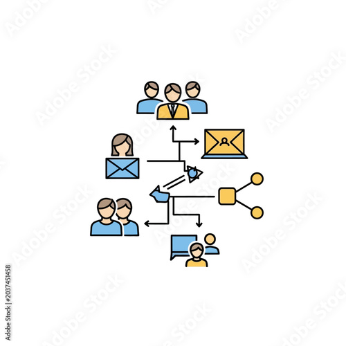 Business communication flowchart with people and data icons.