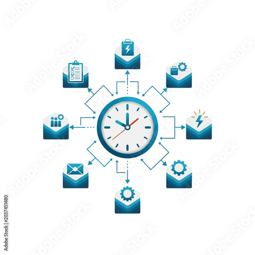 Business communication and automation diagram with clock and icons.