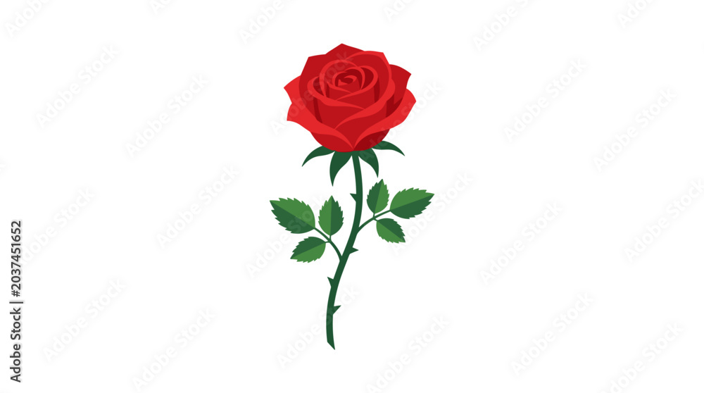 Fototapeta premium Single Red Rose Vector Illustration with Green Leaves and Stem