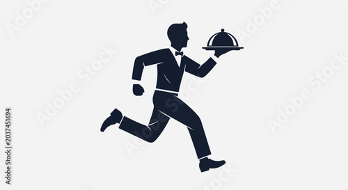A professional waiter in a black uniform running with a tray carrying a dome-covered dish in a hurry to serve customers