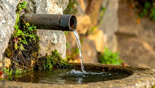 A rustic stone fountain with water flowing from a metal pipe