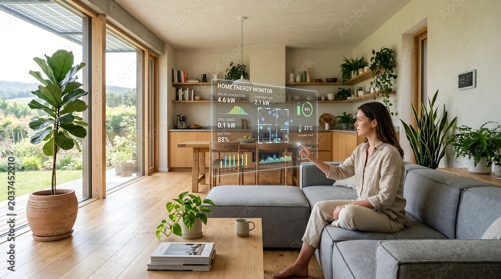 Fototapeta premium Woman interacting with a futuristic holographic interface in a modern, sunlit living room