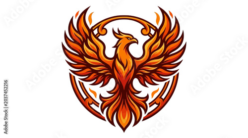 Photos Powerful Fire Phoenix Bird Mascot Logo with Vibrant Flaming Wings