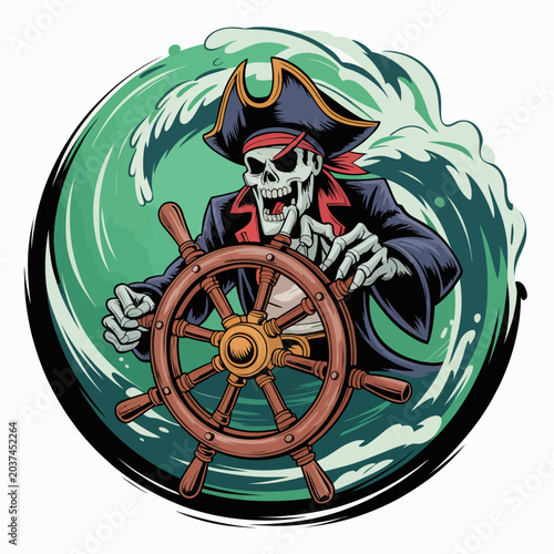 фотографія Pirate skeleton steering ship wheel.