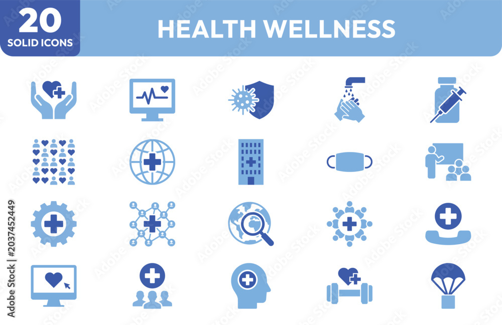 Fototapeta premium Health Wellness icon set. Containing heart, hospital, monitor, vaccine, hygiene, exercise. Editable stroke. Vector illustration.