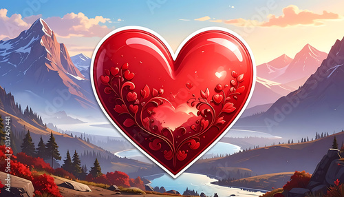 Pixel art red heart with floral embellishments, set against a majestic mountain valley landscape at sunset, conveying love and nature