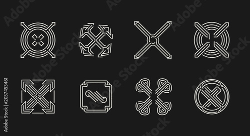 Cohesive set of vintage style geometric abstract symbols and ornamental line art patterns for diverse graphic projects