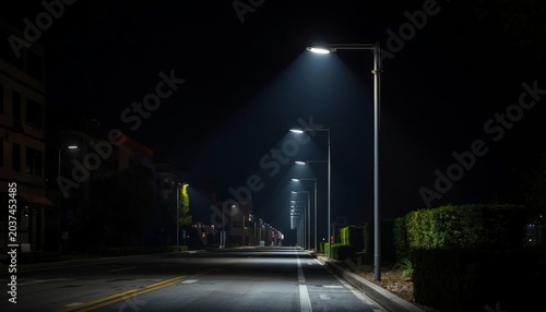 There is a street light that is on the side of the road