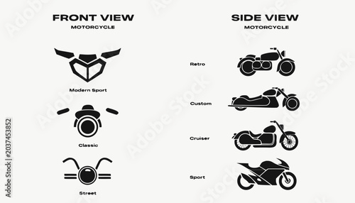 Black motorcycle icon set front and side views modern sport retro custom cruiser