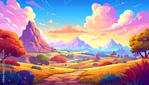 Pixel art landscape with mountains and trees during a colorful sunset, digital painting