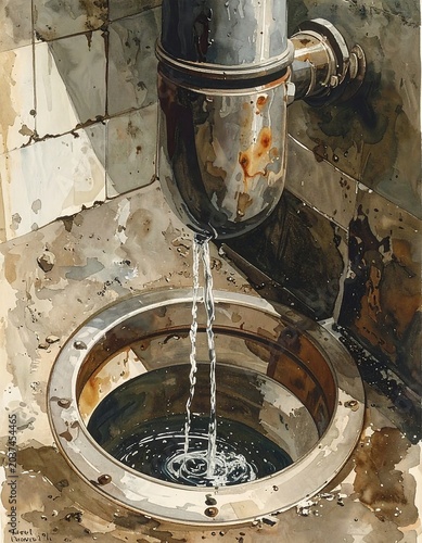 A rusty drain pipe leaks water into a dirty floor drain