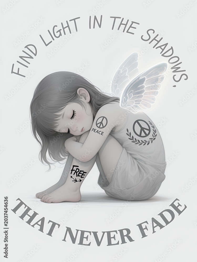 Naklejka premium Luminous Shadows: Serene Angel with Peace Tattoos and Eternal Light