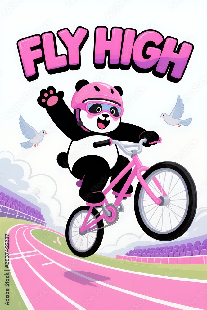 Naklejka premium Panda BMX Adventure: Fly High on Pink Bike with Helmet & Doves