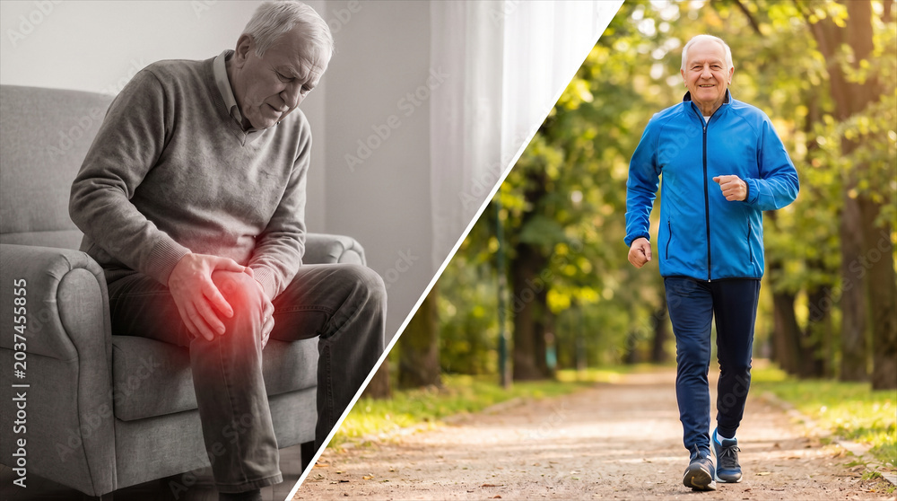 Obraz premium Joint pain relief and active senior lifestyle concept, before and after recovery comparison
