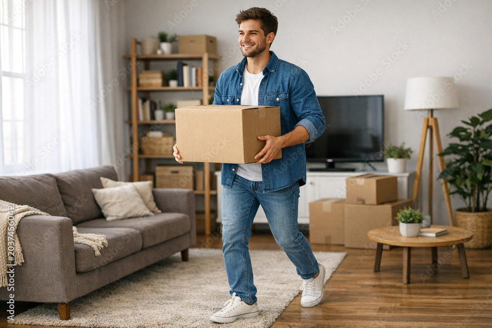 Naklejka premium A young man carrying a large box inside his new house