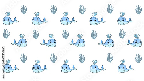 Fotografie Cute kawaii hand-drawn seamless pattern illustration of smiling blue whales spouting water waves and sea plants seaweed clumps on a clean white background for fabrics