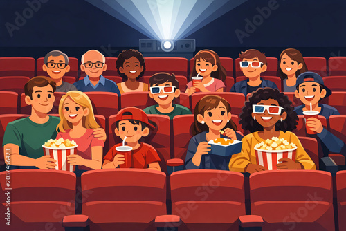 A family enjoys a movie together in a cozy theater setting.